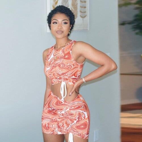 Womens Sexy Vest and Skirt Suit Fashion Printing Drawstring Cropped Tops and Tight Short Skirt