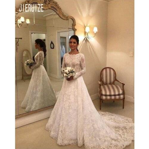 JIERUIZE Robe De Mariage Lace Wedding Dresses Jewel Neck Long Sleeve Covered Button Back With Bow Wedding Gown Bride Dresses