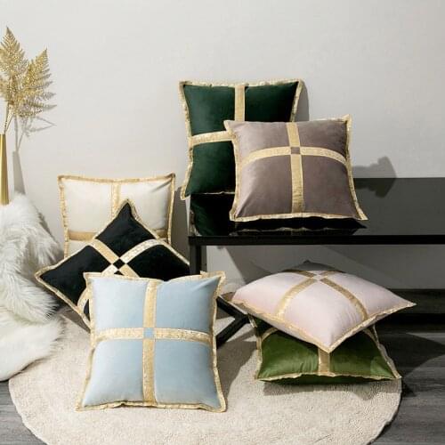 Velvet Cushion Cover 45x45cm Luxury 50x50cm Blue Gray Black Gold Ribbon Stitching Square Decorative Middle East for Living Room