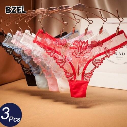 BZEL 3Pcs/lot Sexy Womens Transparent Lace Panties Hollow Out Embroidery Thongs Low Waist Temptation Female Comfort G-String