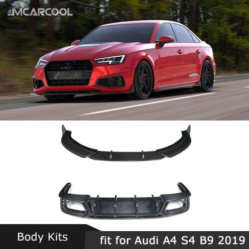 For Audi A4 S4 B9 2019 Dry Carbon Fiber Body Kit Front Lip Shovel side skirts Rear Boot Spoiler Rear Bumper Diffuser Car Styling