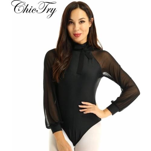 Elegant Women Female Adults Mock Neck Mesh Long Sleeves Cutout Back Ballet Dance Gymnastics Leotard Bodysuit Ballet Dancewear