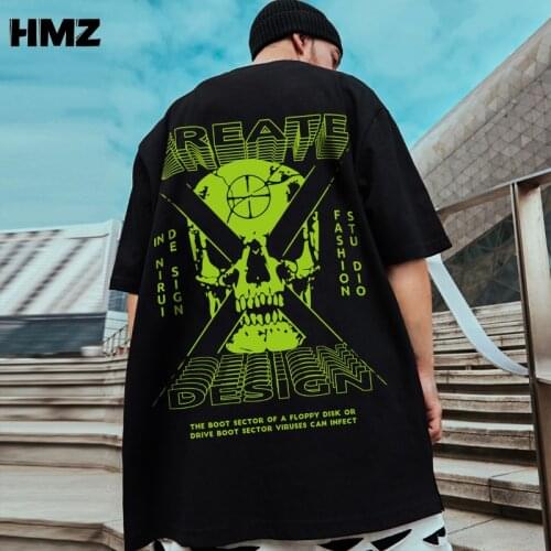 HMZ 2021 T-shirt Loose and Comfortable High Street Tee Punk Style Harajuku Streetwear Hip Hop X Green Skull Printed T-shirt Men