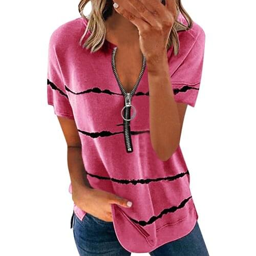 Women Stripe Printing T-shirts Zipper Short Sleeves Casual Summer Pullover Tops T Shirt For Ladies Fashion Loose Street Clothing