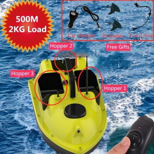 Intelligent RC Fishing Bait Boat 500M Control Distance 2KG Loading High Speed Dual Light 3 Hopper Fishing Boat With Car Charge