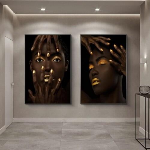 African Woman Art With Gold Sexy Lips Canvas Paintings On The Wall Art Posters And Prints Black Girls Art Pictures Home Decor