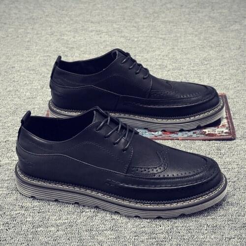 Leather Shoes Men Black Formal Shoes Oxford Shoes For Men Flats Retro Thick Bottom Lace Up walking shoe O6-18