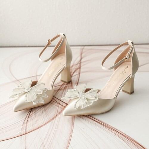 Summer thick-heeled high-heeled bow-knot pointed bridal wedding shoes banquet dress all-match comfortable female sandals