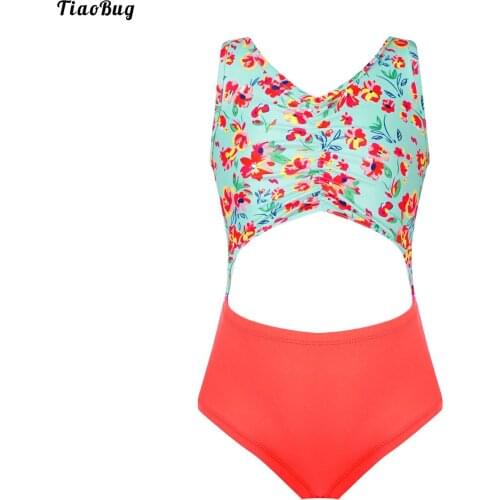 TiaoBug Summer Kids Girls Floral Print One-Piece Swimsuit V Neck Sleeveless Ruffled Jumpsuit Beach Bikini Swimwear Bathing Suits