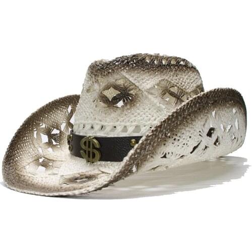LUCKYLIANJI Retro Womens Mens Summer Straw Beach Wide Brim Cowboy Western Cowgirl Hat Hollow Dollar Sign Leather Band(58cm)