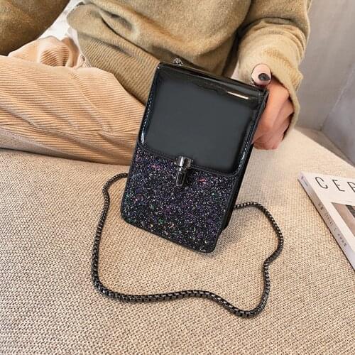 Fashion Bling Glitter Leather Mini Mobile Phone Pouch Women Shoulder Bag Chains Crossbody Bags Lady Handbag Purse bolsa feminina