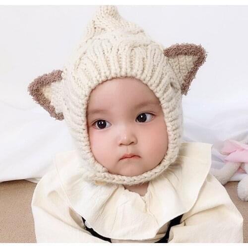 Autumn Winter Kids Baby Hat With Ear Design Children Girls Boys Toddler Solid Print Hats Casual Cap