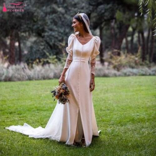 V-Neck Long sleeve Wedding Dresses Ruffles A Line Vintage Bridal Gowns Front split Vestido De Noivas ZW245