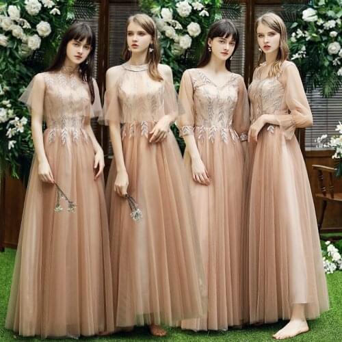 Bridesmaids Dresses Illusion V-Neck A-Line Full Off The Shoulder Embroidery Lace Tulle Floor-Length Lady Wedding Party Gown E146