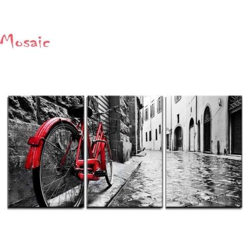 Full diamond 5D DIY diamond painting "3pcs Retro Vintage Red Bike Old Town" diamond embroidery Mosaic gift cross stitch living