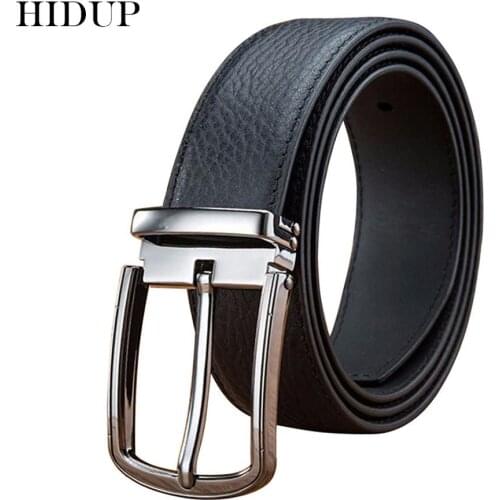 HIDUP Top Quality Design Pin Buckle Metal Fashion Style Belts Men Striped Line Cow Genuine Leather Belt 3.3cm Width Jeans NWJ741