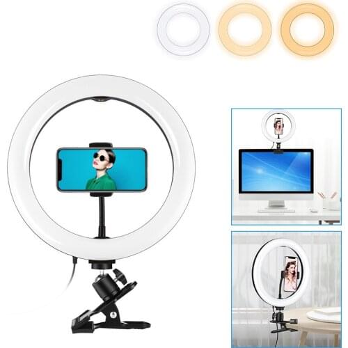 Dimmable Dual Color Temperature Vlogging LED Ring Lamp Photography Video Selfie Lights with Phone Clamp Mount Holder for Phones