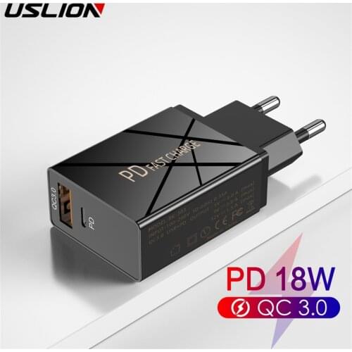 USLION 18W USB Charger PD 18W Type C QC3.0 Wall Travel Fast Charging For iPhone 12 11 Pro Max Macbook Samsung EU US Plug Adapter