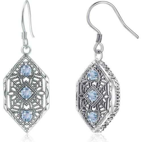 Szjinao Real 925 Sterling Silver Earrings For Women Vintage Handmade Design Drop Earrings Leaves Shape Aquamarine Fine Jewelry