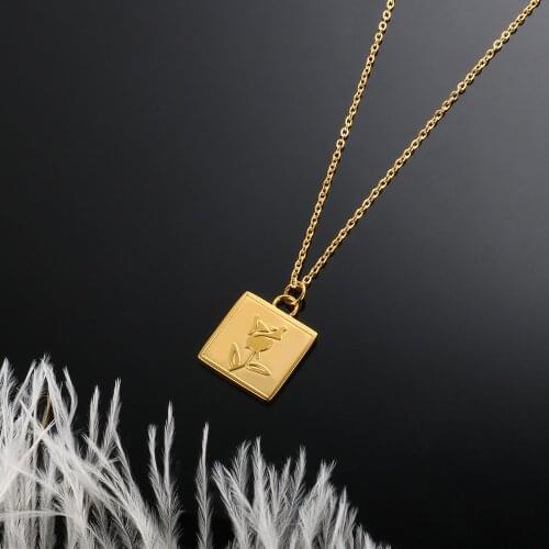 ZMFashion Frosted Square Coin Rose Flower Vintage Men Womens Necklace Retro Clavicle Chain Stainless Steel Aesthetic Jewelry