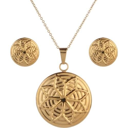 High Quality Stainless Steel Gold Plated Sets Charm Flower Necklaces Earrings 50cm Chains For Women Jewelry Set Wedding Party