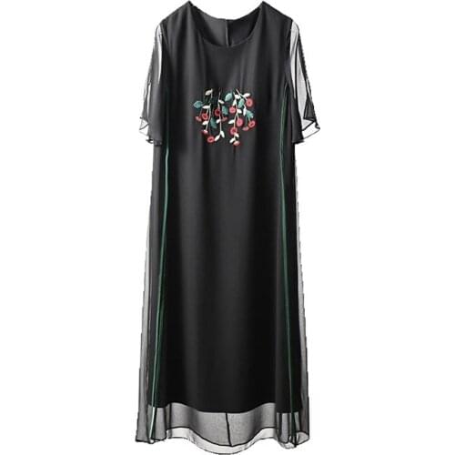 Women Summer 100% Natural Silk Dress Vintage Print Natural silk dresses Elegant Dress Casual holiday real silk long shirt dress