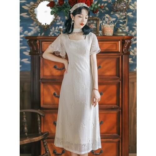 Summer New Womens Clothing Ins Retro Gentle Girl Style Square Neck Long Dress Temperament Ladies Lace Party White Dress