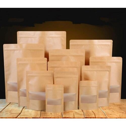 100pcs/lot Kraft Paper Self Sealing Bags Window Empty Dried Food Fruit Tea Gift Package Zipper Stand up Bag Customizable logo