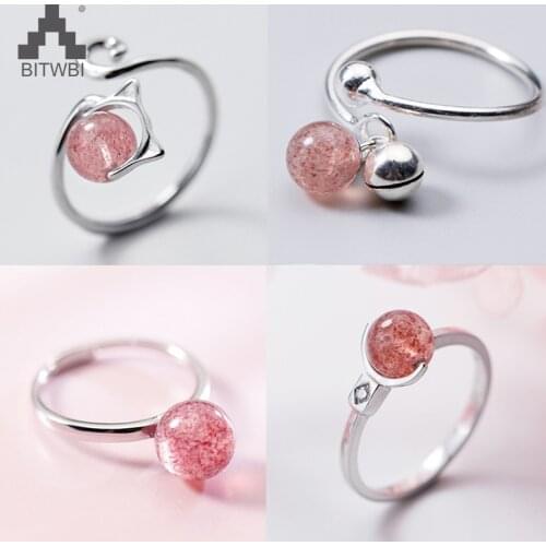 2018 New Fashion Cute Animal Bell 925 Sterling Silver Jewelry Sweet Strawberry Crystal Cat Opening Rings