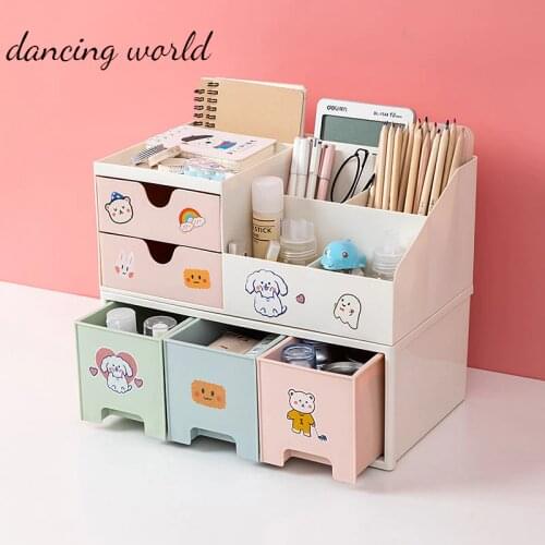 2021 Ins Kawaii Deskpot Organizer Makeup Storage Box Container Drawer Cabinet Rack Send Sticker Home Decor Office Accessories