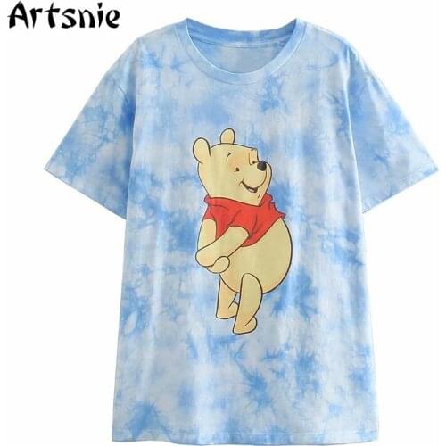 Artsnie Summer 2021 Cartoon Print T Shirt Women O Neck Short Sleeve Knitted Tops Female Streetwear Disney Blue Ladies T-shirts