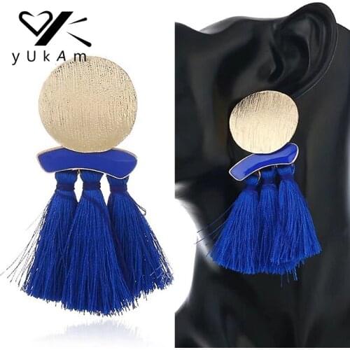 YUKAM Bohemia Ethnic Long Cotton Tassel Earrings Fringe Drop Earring for Women European Exaggerated Tassle Earrings Gold Jewelry