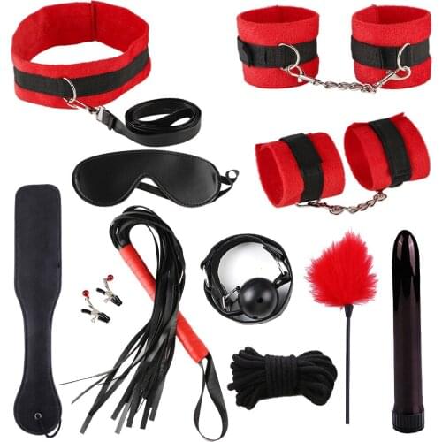 11Pcs/Set Erotic Sex Toys for Couples Adults Sex Games of Bdsm Bondage Kits with Plush Handcuffs Spanking Whip Bullet Vibrator