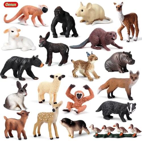 Oenux Original Small Wild Animals Leopard Deer Fox Model Action Figure Farm Alpaca Pig Figurines Miniature Collection Kids Toys