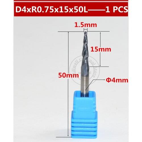1PCS R0.75*D4*15*50L CNC Tungsten solid carbide Tapered Ball Nose End Mill taper and cone end mills,woodworking router