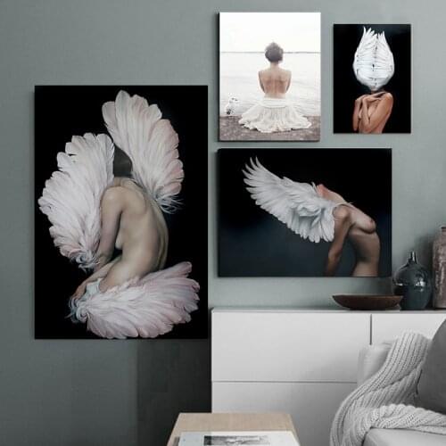 Canvas Painting Feather Flowers Avatar Girl Abstract Angel Wing Wall Art Print Poster Bedroom Living Room Modern Home Decoration
