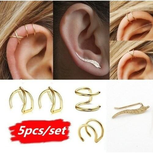 5Pcs/Set Punk Rock Ear Cuff Clip Earrings for Cartilage No Piercing-Clip Wrap Climber Earring Gold Leaf Clip Statement Jewelry