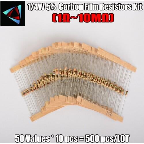 500PCS/LOT 1/4w 0.25w 5% Carbon Film Resistor Kit 50 Values Assortment Pack Mix Selection 1 ohm-10M ohm 50 Values Each 10PCS
