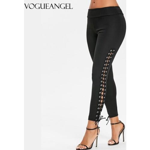 Sexy Women Leggings Lace Up Grommet Leggings 2021 Skinny Leggins Women Pencil Pants Hollow Out Trouser Black White Leggings S-XL
