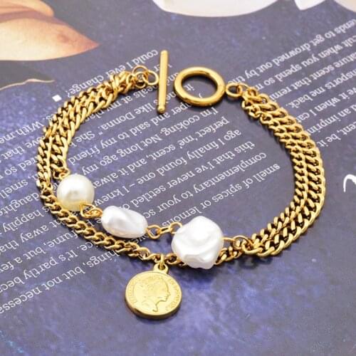 316L Stainless Steel Fashion Upscale Jewelry 2 Layer OT Shape Buckle Pearl Queen Avatar Charms Thick Chain Bracelet For Women