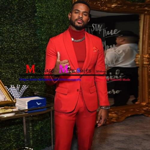 Fashion Red Groom Men Suit Shawl Lapel Bridegroom Groomsmen Suit Men Business Formal Party Prom Blazer 2Piece Sets(Jacket+Pants)