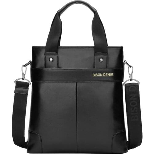 Bison Denim Vertical business Briefcase Genuine Leather Handbag Men Messenger Bag iPad Shoulder Bag Crossbody Male bags Black