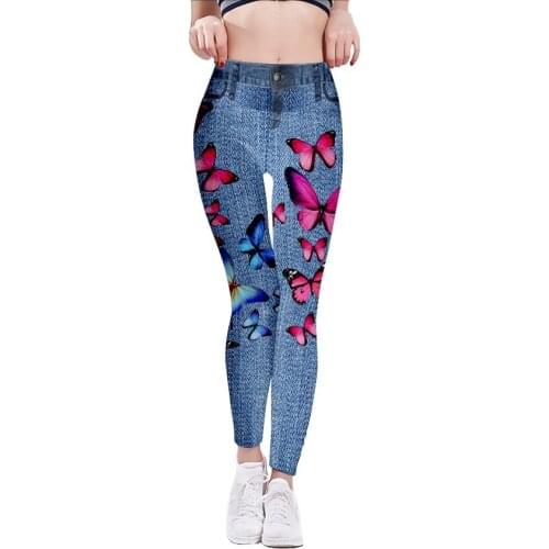 New 3D HD Imitation Denim Butterfly Printed Professional High Elastic Sports Running Fitness Pants