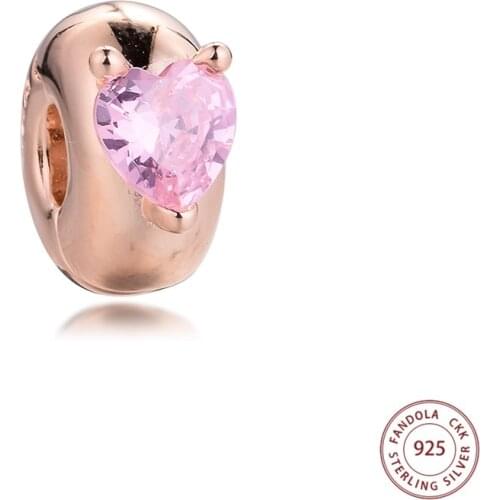 Fits Pandora Bracelet Pink Heart Solitaire Clip Charms 925 Sterling Silver Beads DIY Jewelry Making 2021 Valentine Gift New