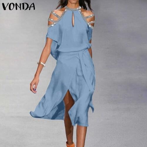 Holiday Women Dress 2021 VONDA Sleeveless Off Shoulder Halter Dress Sexy Party Midi Dresses Casual Vestidos Oversized Robe