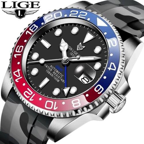 LIGE DESIGN 2020 Luxury Men Mechanical Wristwatch Silicone GMT Watch Top Brand High Quality Glass Men Watches Reloj Hombre+Box