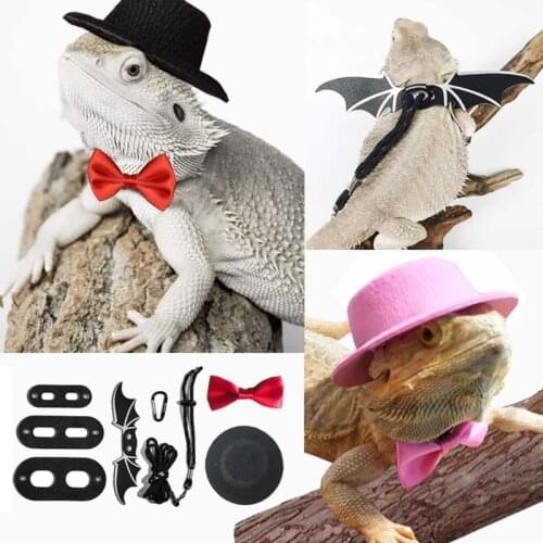 Lizard Traction Rope Hat Bow Tie Soft Leather Reptile Bearded Dragon Harness Leash Halloween Costume Clothes