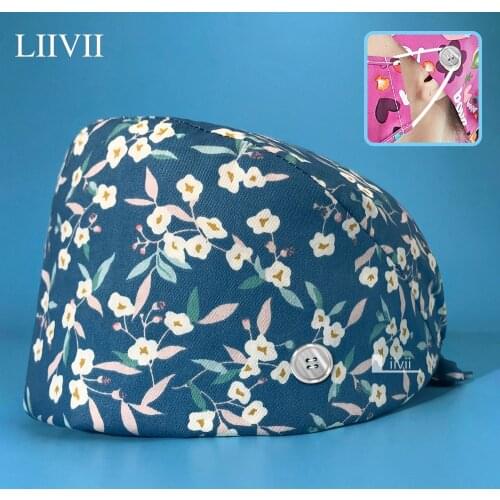 Pet Grooming Scrubs Cap Multicolor 100%cotton Surgical Scrub Cap Unisex Nurse Accessories Flower Print Medical Hats with Button