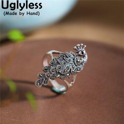 Uglyless Vivid Peacock Rings for Women Vintage Marcasite Phoenix Animals Rings Retro Thai Silver Jewelry 925 Sterling Silver