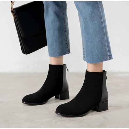 Round Toe Med Heel Zip Woman Chelsea Boots 2020 New Flock Patchwork Ankle Boots Women for Autumn Winter Fashion Plus Size 32-48